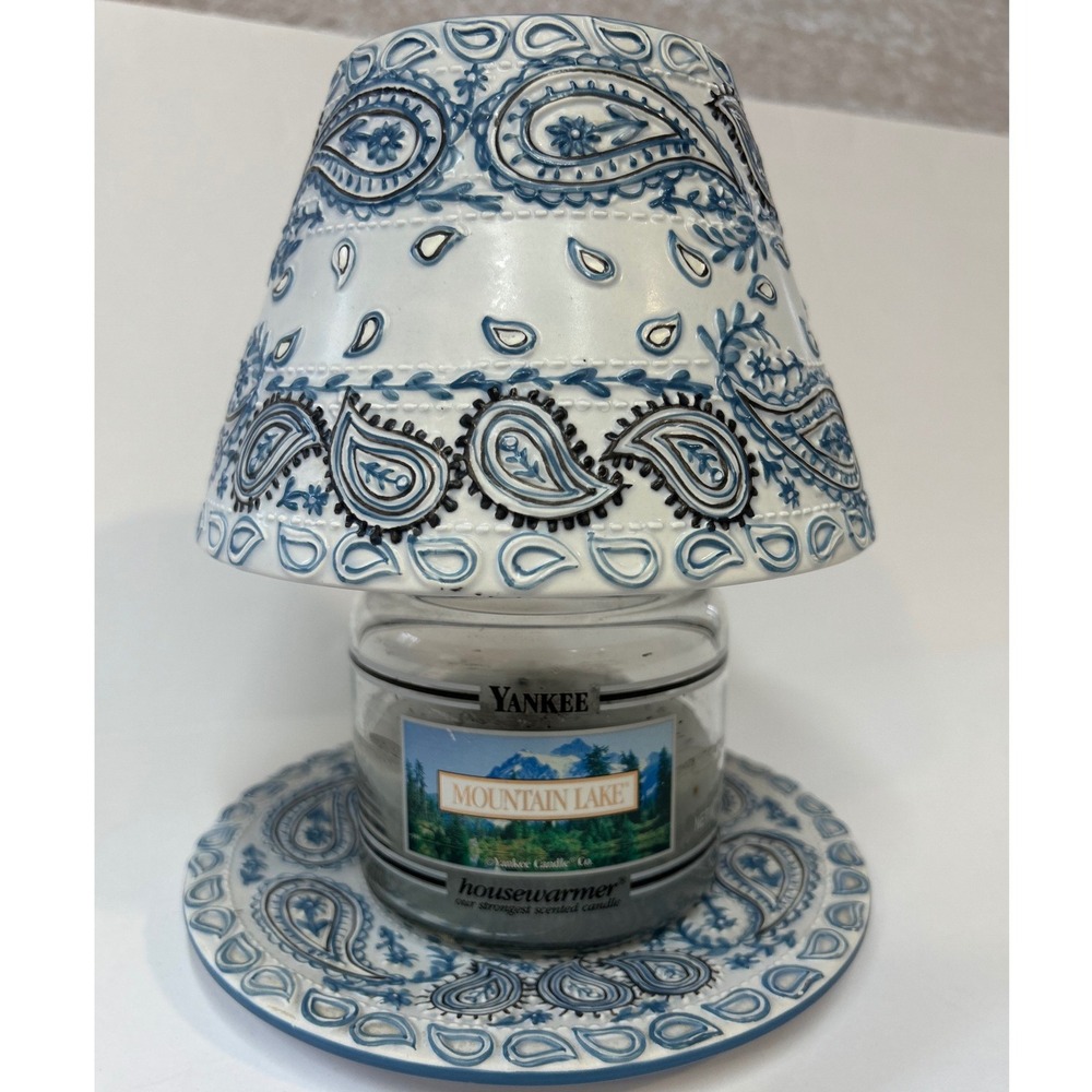 Yankee Candle Blue White Paisley Ceramic Shade Plate Set SHADE and PLATE ONLY